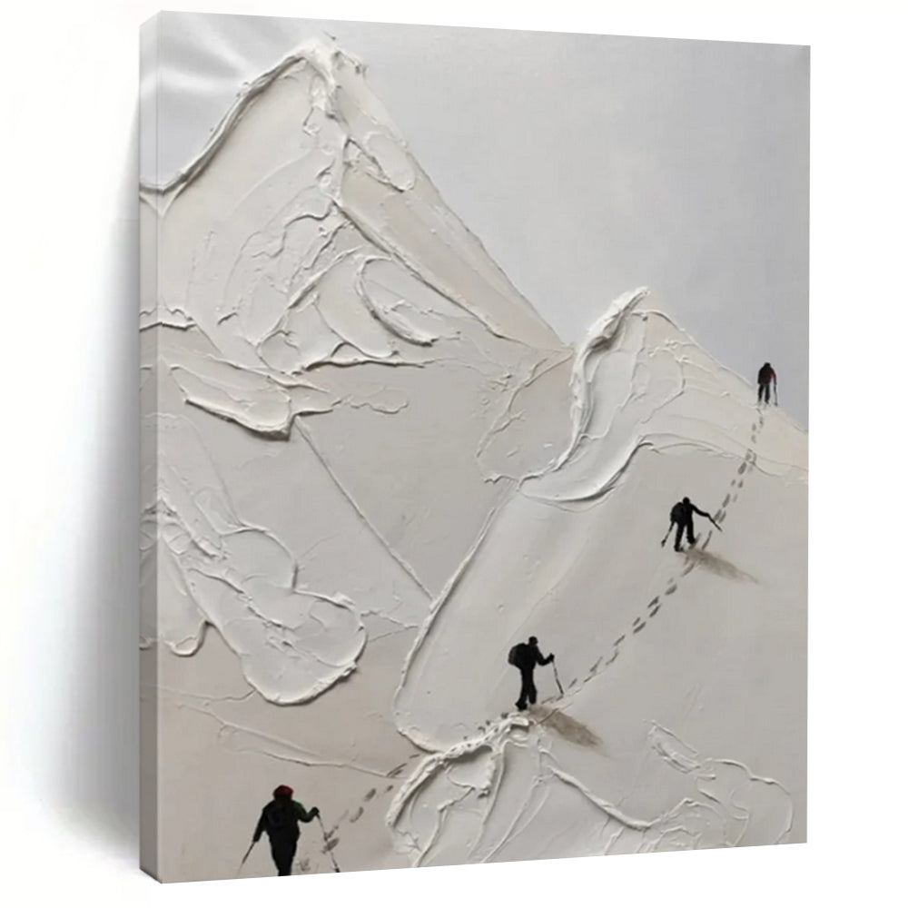 “Impasto Mountain Climbers” ，White impasto mountains with tiny black climbers and their trails. DTP317