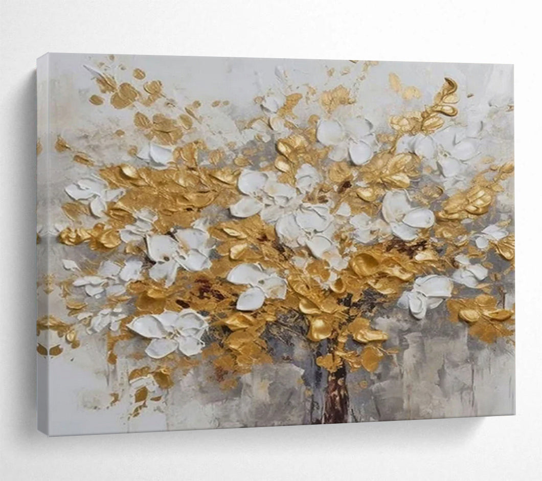 “Golden and White Blossom Tree” - Textured Floral Abstract Acrylic, Ideal for Luxury Bedroom and Dining Room DLZ246