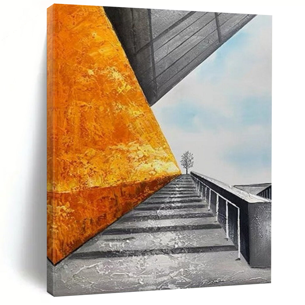 “Industrial Staircase” – Surreal Architectural Oil Painting with Bold Color Contrast DTP281