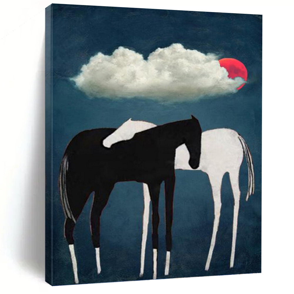 “Horses Under Red Moon” - Black, White, and Red Nature Art on Canvas DKH1418