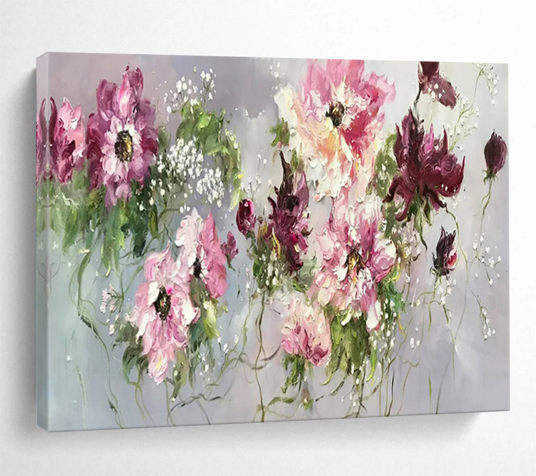 Hand - painted Large - scale Pink and Purple Flower Bouquet Acrylic Art for Elegant Dining Spaces LargeART1764