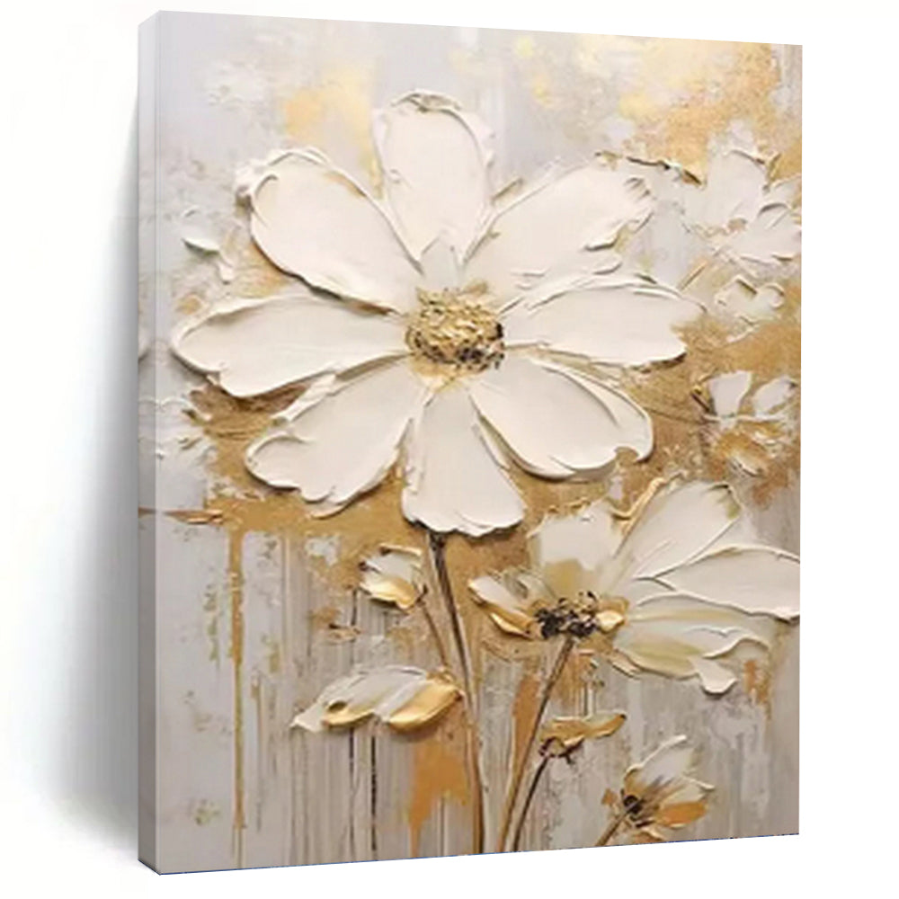 “Gilded White Floral Impasto” - Gold and White Flower Art on Canvas DKH1395