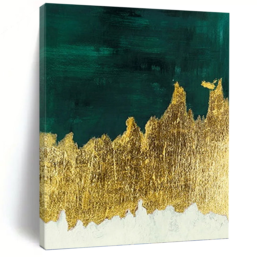 “Green and Gold Mountain Abstract” - Green, Gold, White Abstract Art on Canvas DKH1335
