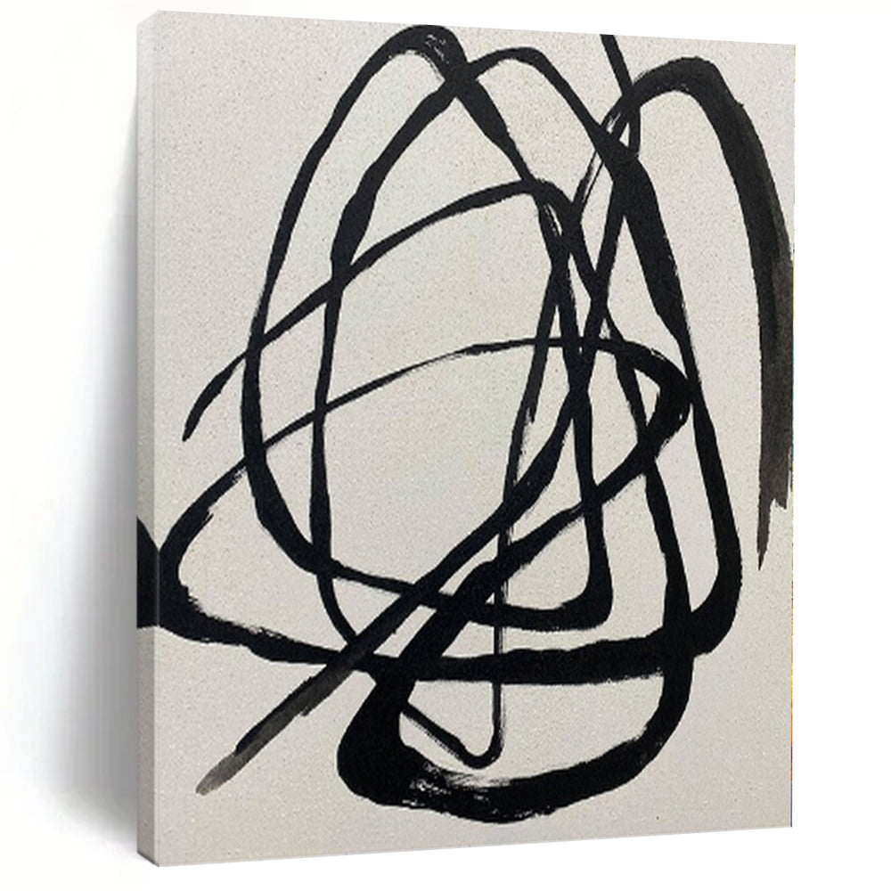 Black Tangled Lines on White Abstract Canvas Painting, Suited for Modern Studio & Minimalist Office LargeART1116