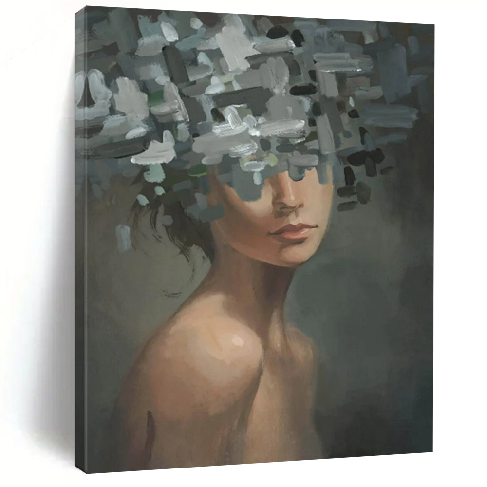“Fragmented Floral Portrait” – Woman with abstract, fragmented floral shapes covering parts of her face and head. DTP328