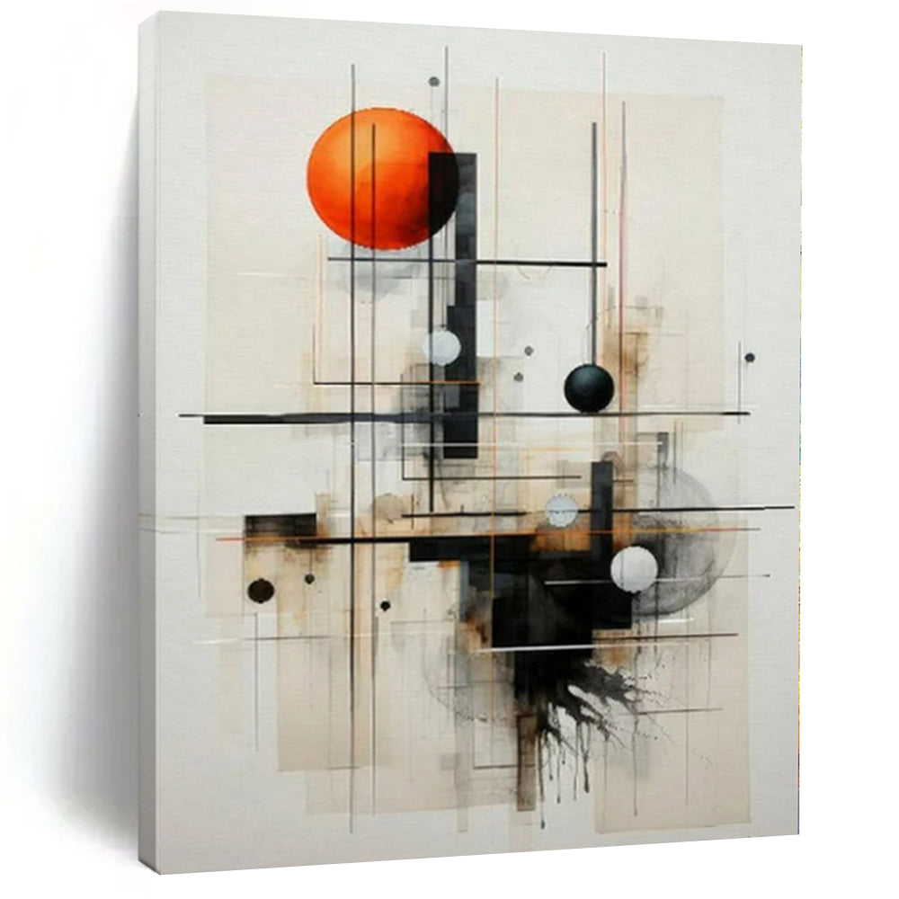 Geometric Abstract with Orange Sphere Abstract Canvas Painting, Perfect for Creative Studio & Modern Art Gallery LargeART1213