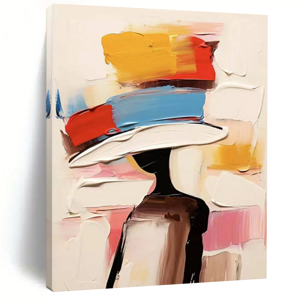 “Color - Blocked Hat Figure” – Abstract figure with a hat of bold color blocks (yellow, red, blue, white). DTP324