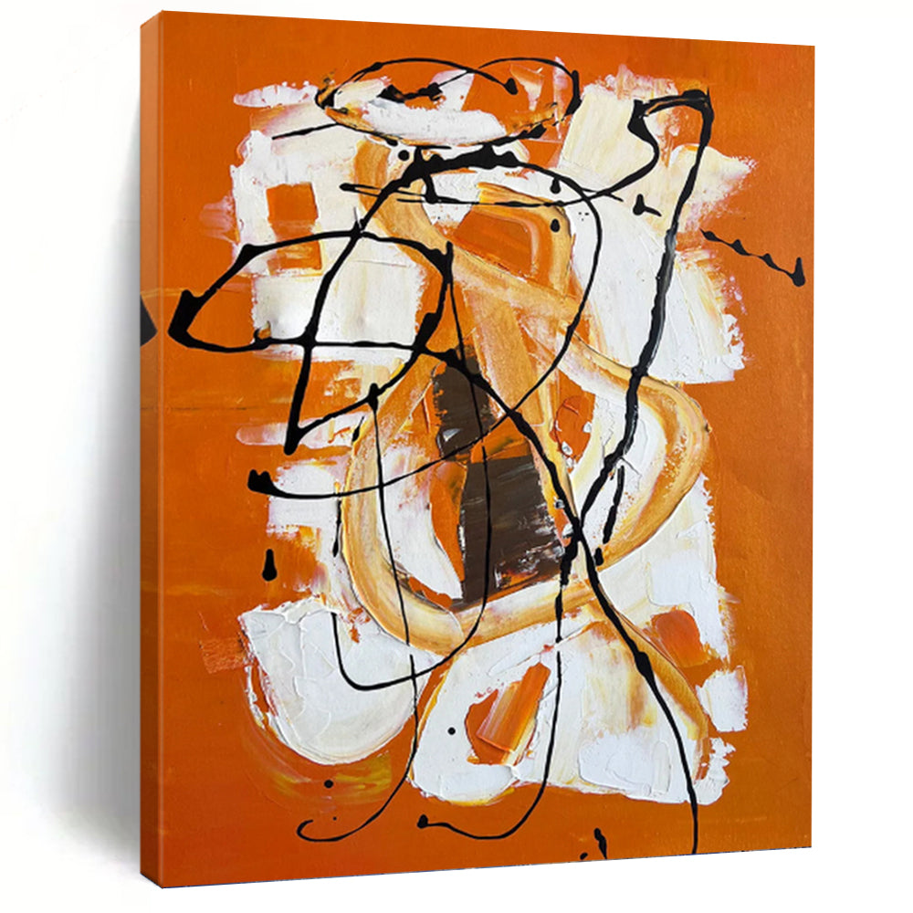 “Orange Energy with Black Lines” - Orange, White, Black Abstract Art on Canvas DKH1221