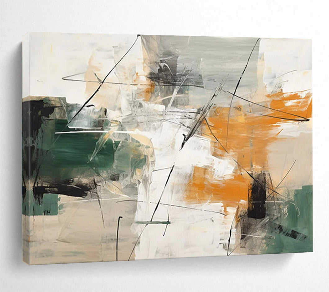 Multicolor Geometric Abstraction with Green and Orange Abstract acrylic painting DLZ100