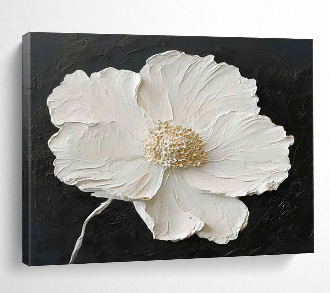 Textured White Flower on Black Abstract acrylic painting DLZ091