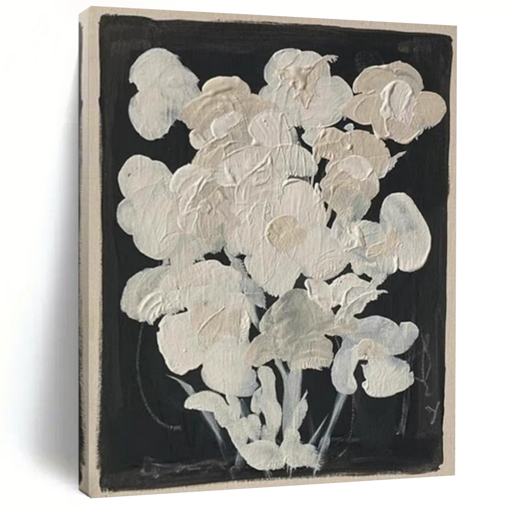 “White Flowers on Black Background” – Simple Abstract with Floral Motif DTP140