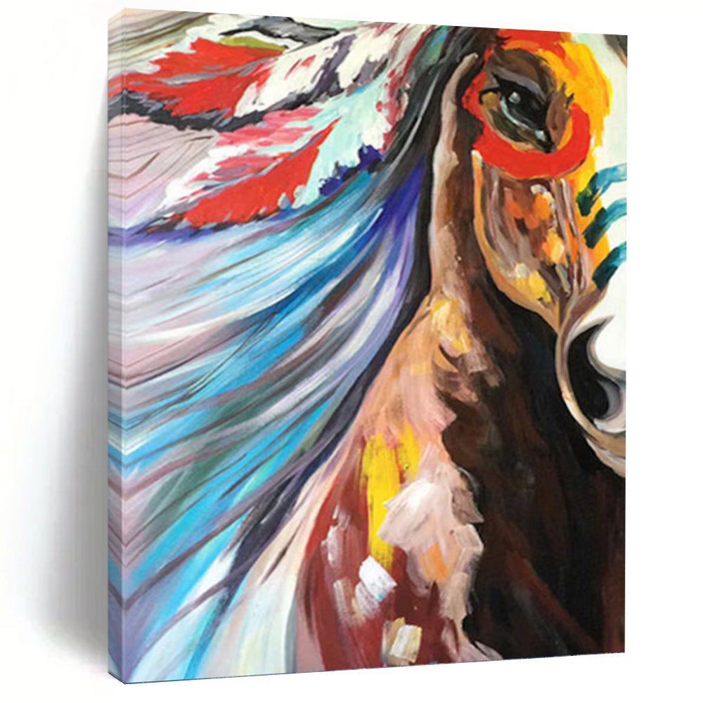“Colorful Horse with Feather Headdress” - Vividly Painted Equine Art on Canvas DKH1426