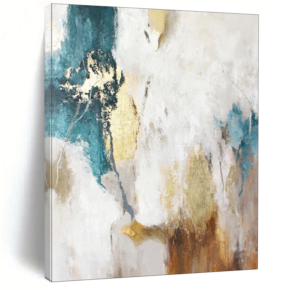 White, Teal & Gold Abstract Painting, Perfect for Glamorous Dining Room & Luxe Living Area LargeART1924