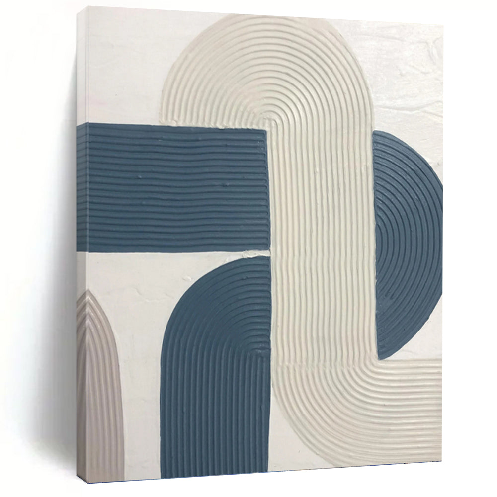 “Curved Ribbon Textures” - White, Blue Abstract Art on Canvas DKH1163