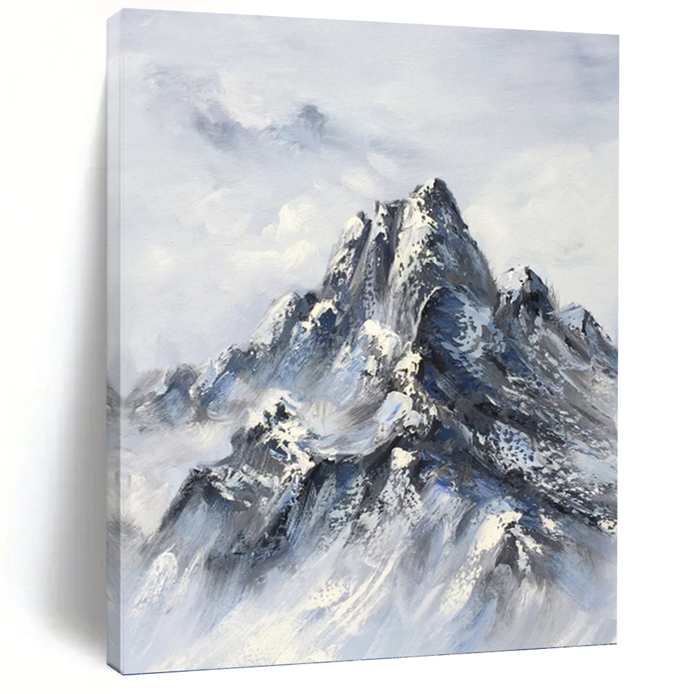 “Snowy Mountain Peak in Blue and White” - Blue, White, Grey Abstract Art on Canvas DKH1259