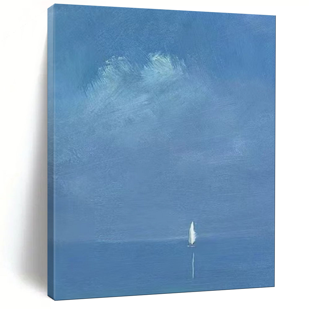 Subtle Blue - Toned Distant Sailboat Abstract Painting, Ideal for Minimalist Bedroom & Meditative Space LargeART1879