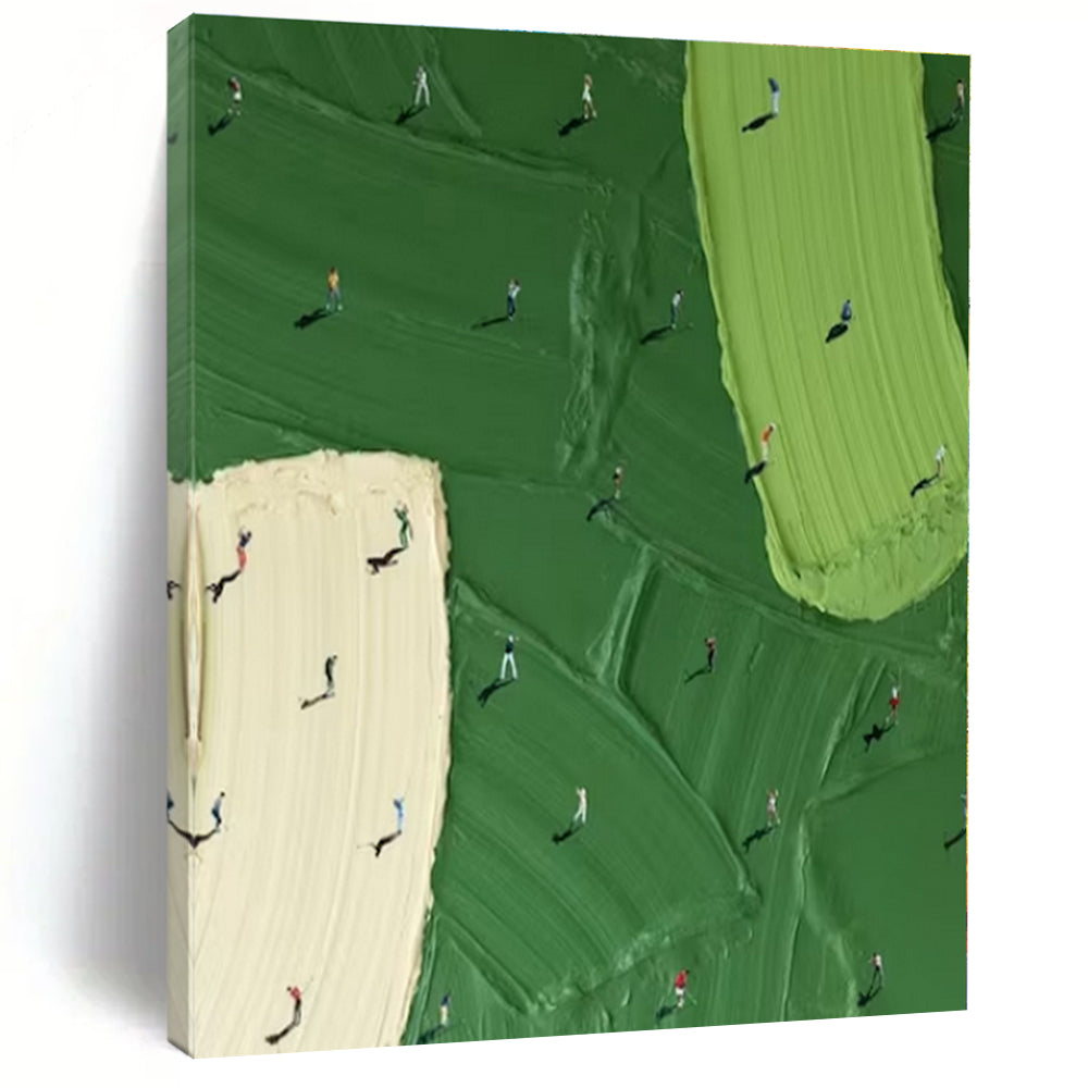 Miniature Figures on Green Abstract Painting, Ideal for Whimsical Playroom & Art - Forward Break Room LargeART1353