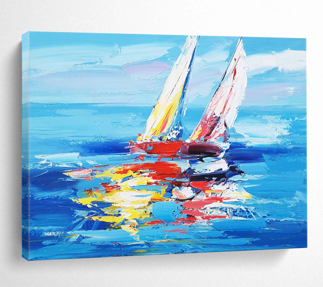“Colorful Sailboats on Blue Ocean” - Expressionistic Abstract Acrylic, Suits Yacht Club and Vibrant Living Room DLZ266