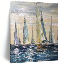 Load image into Gallery viewer, Blue &amp; White Sailboats Abstract Painting, Ideal for Coastal Living Room &amp; Nautical Office LargeART2095
