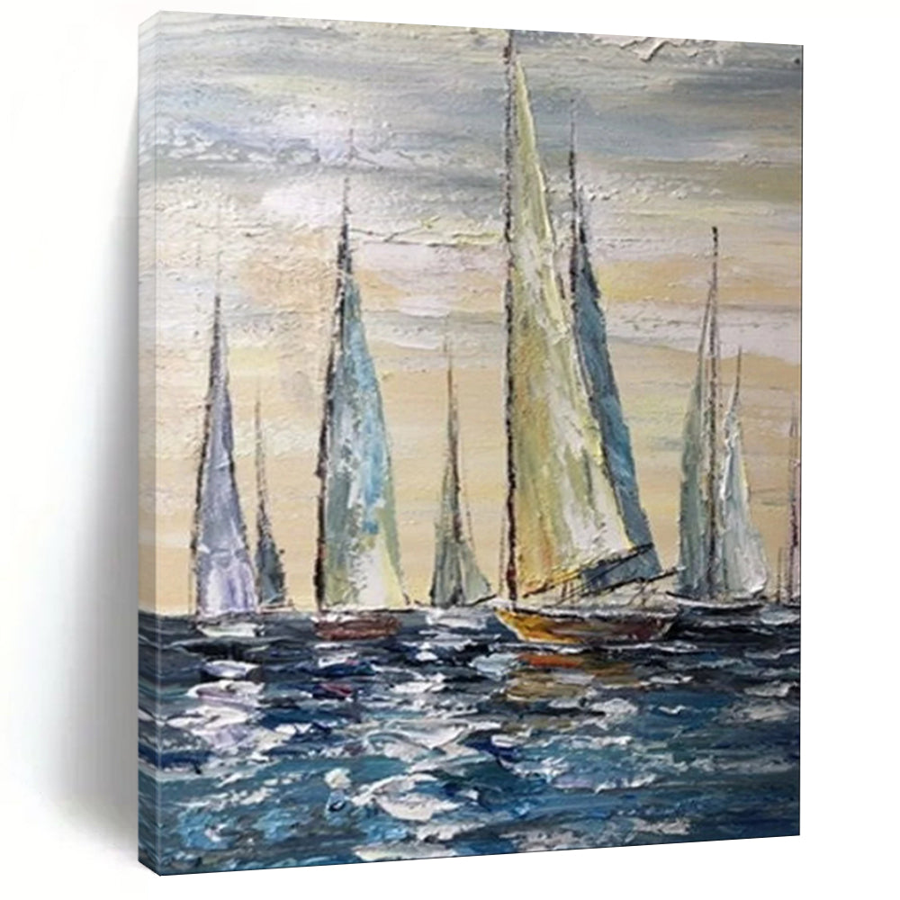 Blue & White Sailboats Abstract Painting, Ideal for Coastal Living Room & Nautical Office LargeART2095
