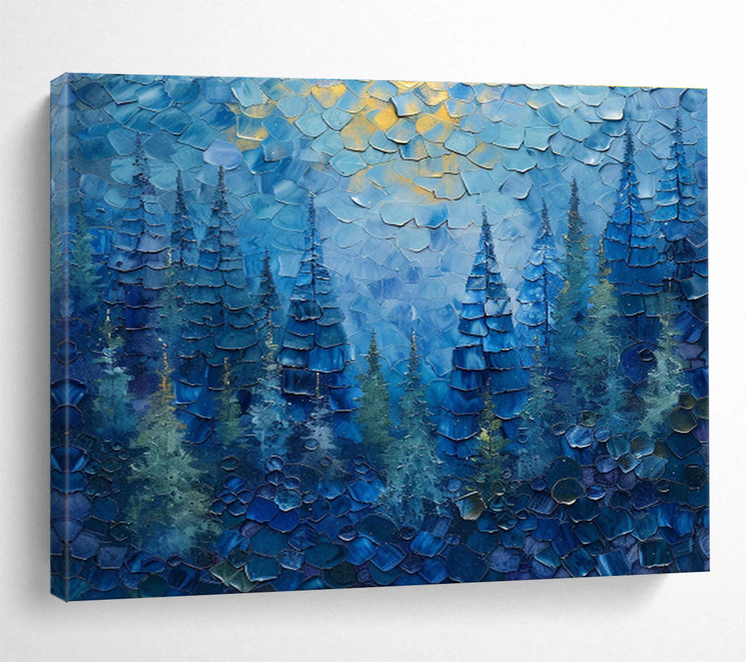 Blue Forest with Golden Highlights Abstract Painting on Canvas - “Mystic Pines” DKH672