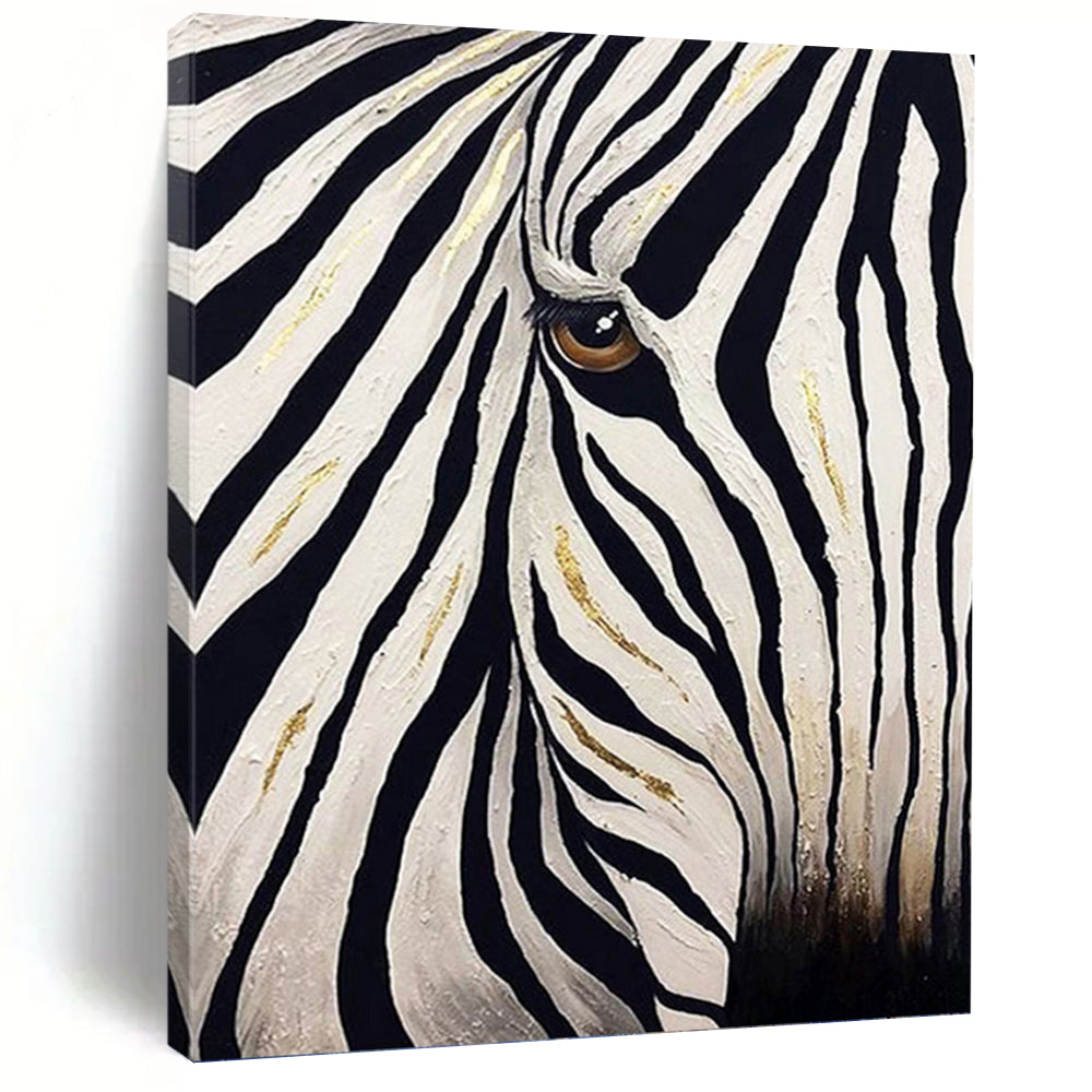 “Gilded Zebra Eye” - Black, White, and Gold Animal Art on Canvas DKH1423