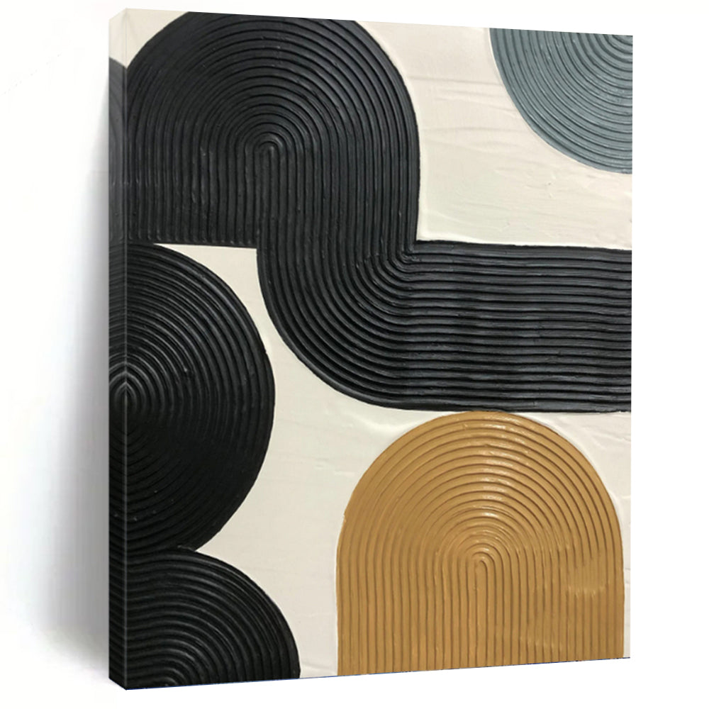 “Interconnected Black and Beige Ribbed Forms” - Black, Beige Abstract Art on Canvas DKH1178