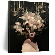 Load image into Gallery viewer, “Floral Veil in Darkness” – Woman with soft, pale flowers and greenery covering her head, dark setting. DTP326
