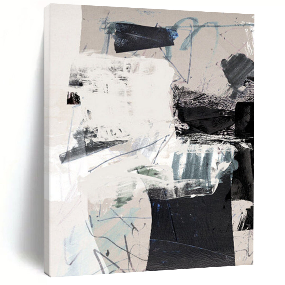 Collage - Like Abstract Intrigue – Gray, Black, White, and Blue Mixed - Media Abstract DTP194