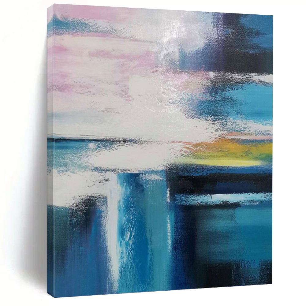 “Colorful Sky Over Blue Waters” - Pink, Blue, Yellow, White Abstract Art on Canvas DKH1232
