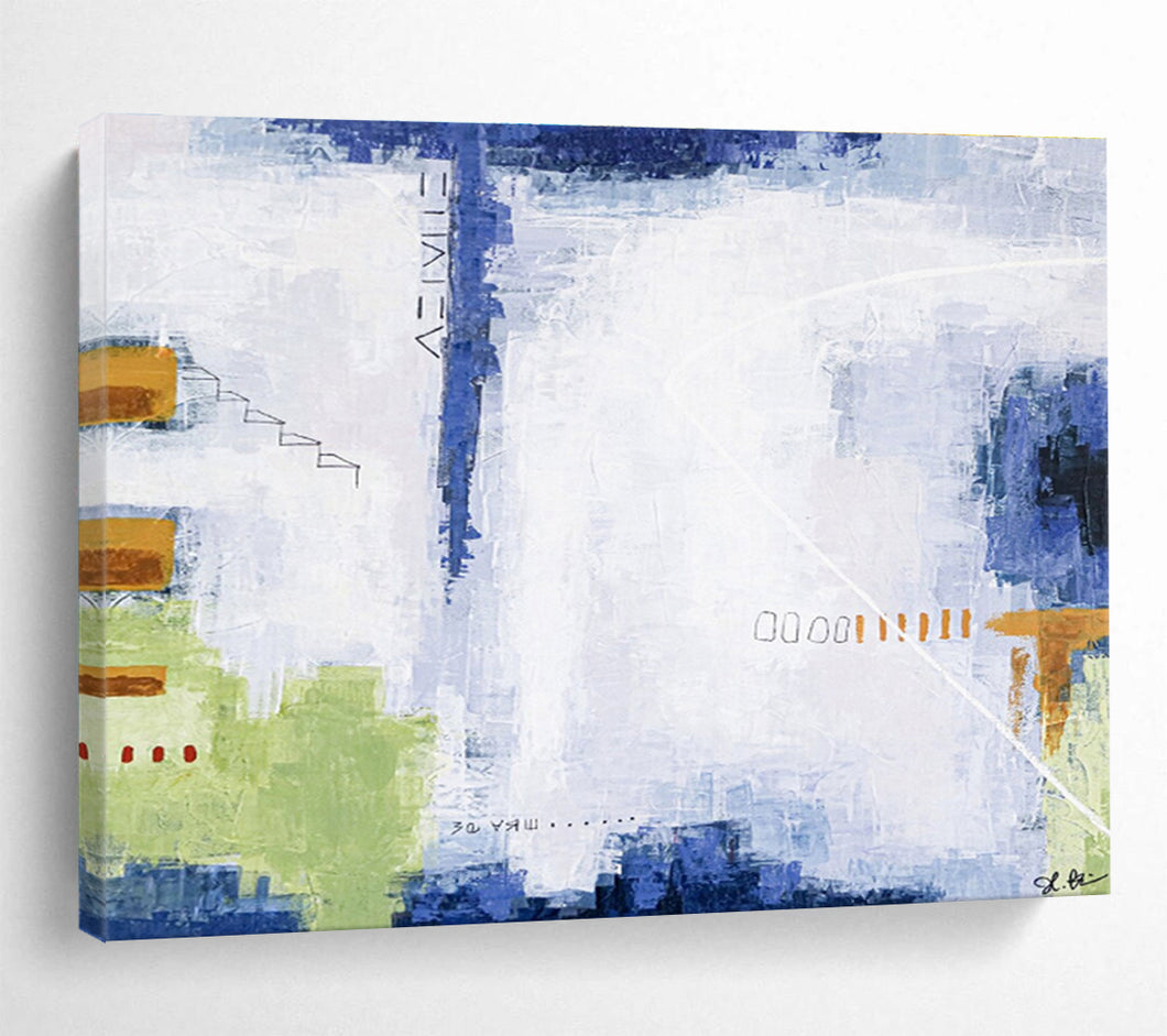 Abstract Painting on Canvas: Blue - Hued Urban Abstract with Textural Elements DKH573