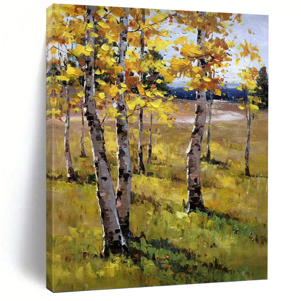 “Autumn Birch Field Scene” - Yellow, Green, Brown Landscape Art on Canvas DKH1284