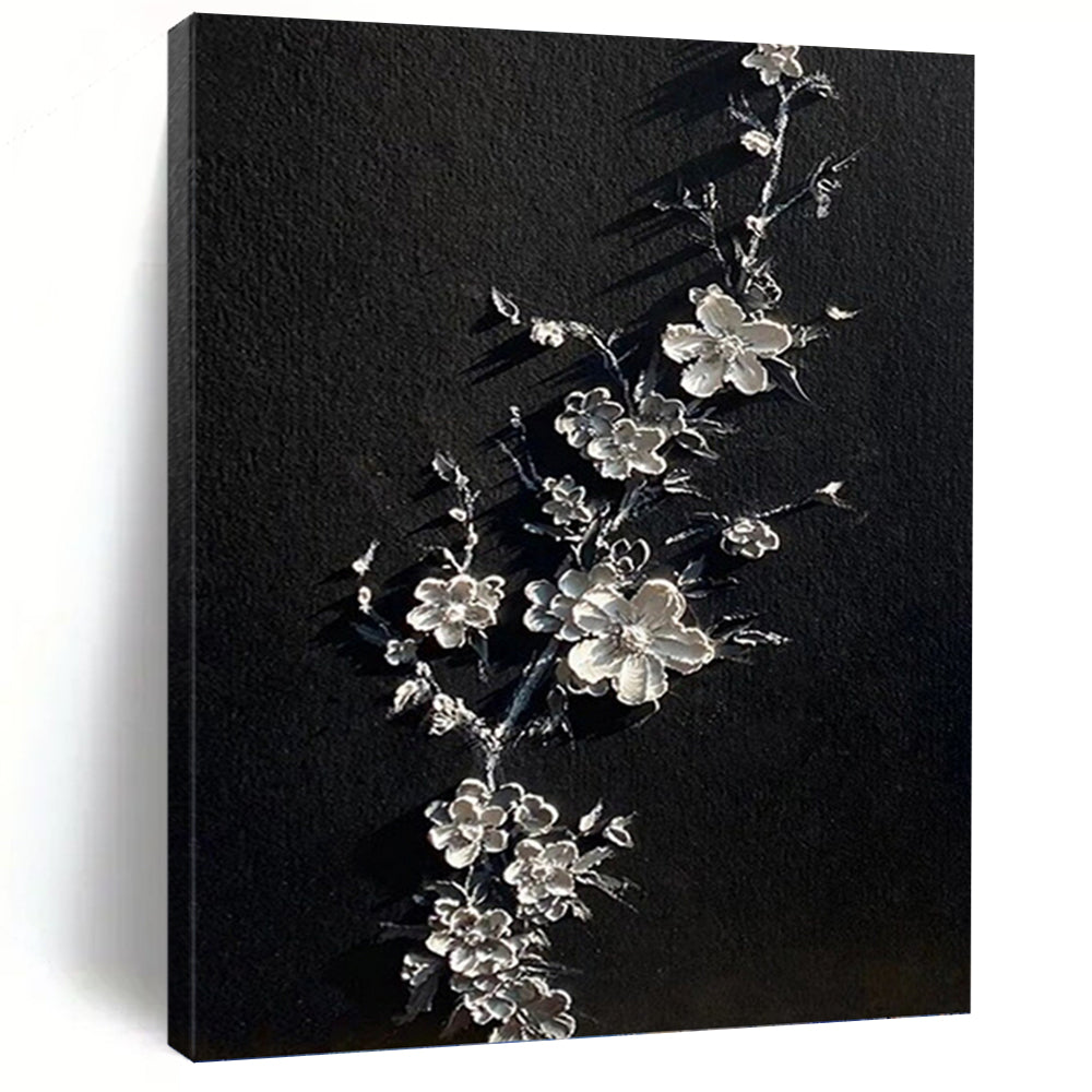 “Silver Floral on Black” - Decorative Abstract Art on Canvas DKH1543