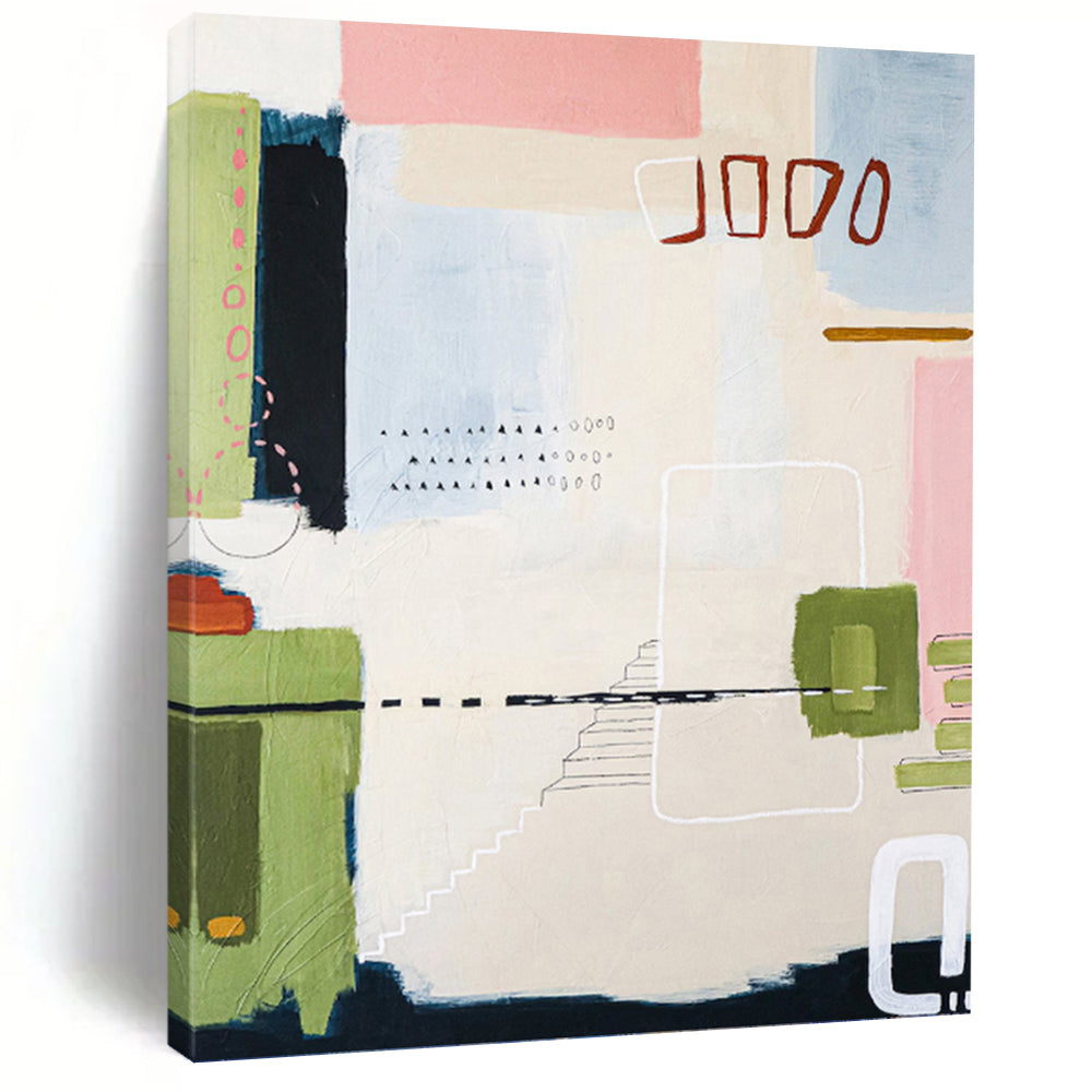 “Playful Modern Mosaic” - Pink, Green, Blue, Beige Abstract Art on Canvas DKH1109