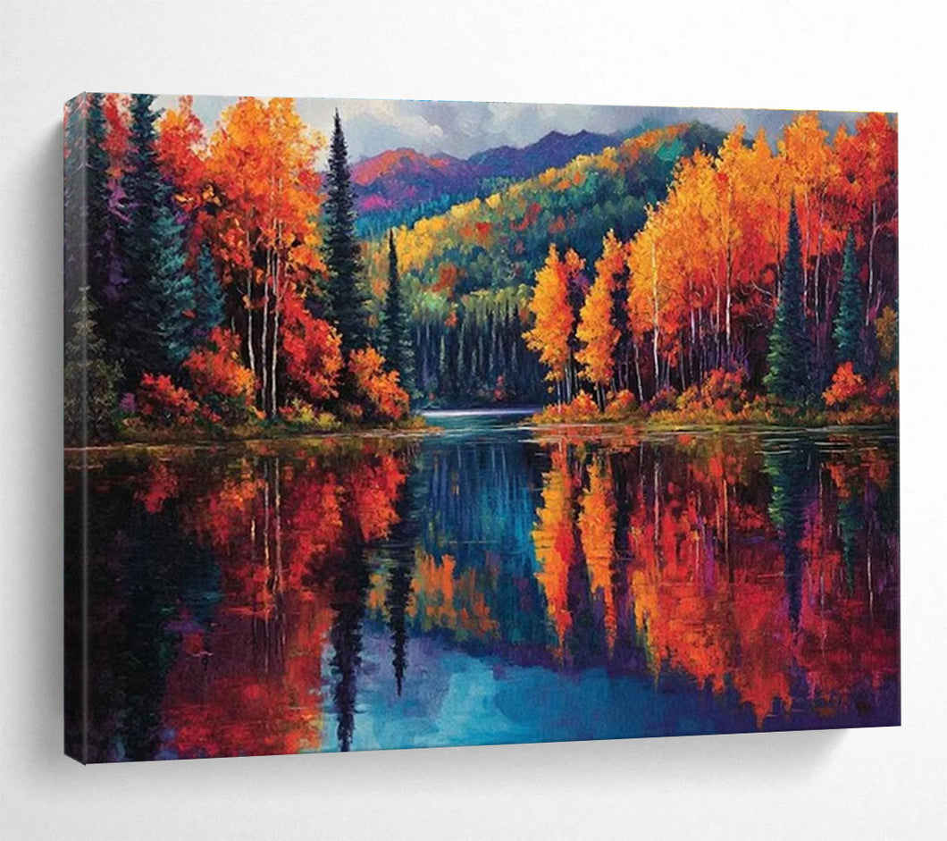 Autumn Landscape “Lake Reflections” Painting on Canvas, Vibrant Scenic Art DKH818