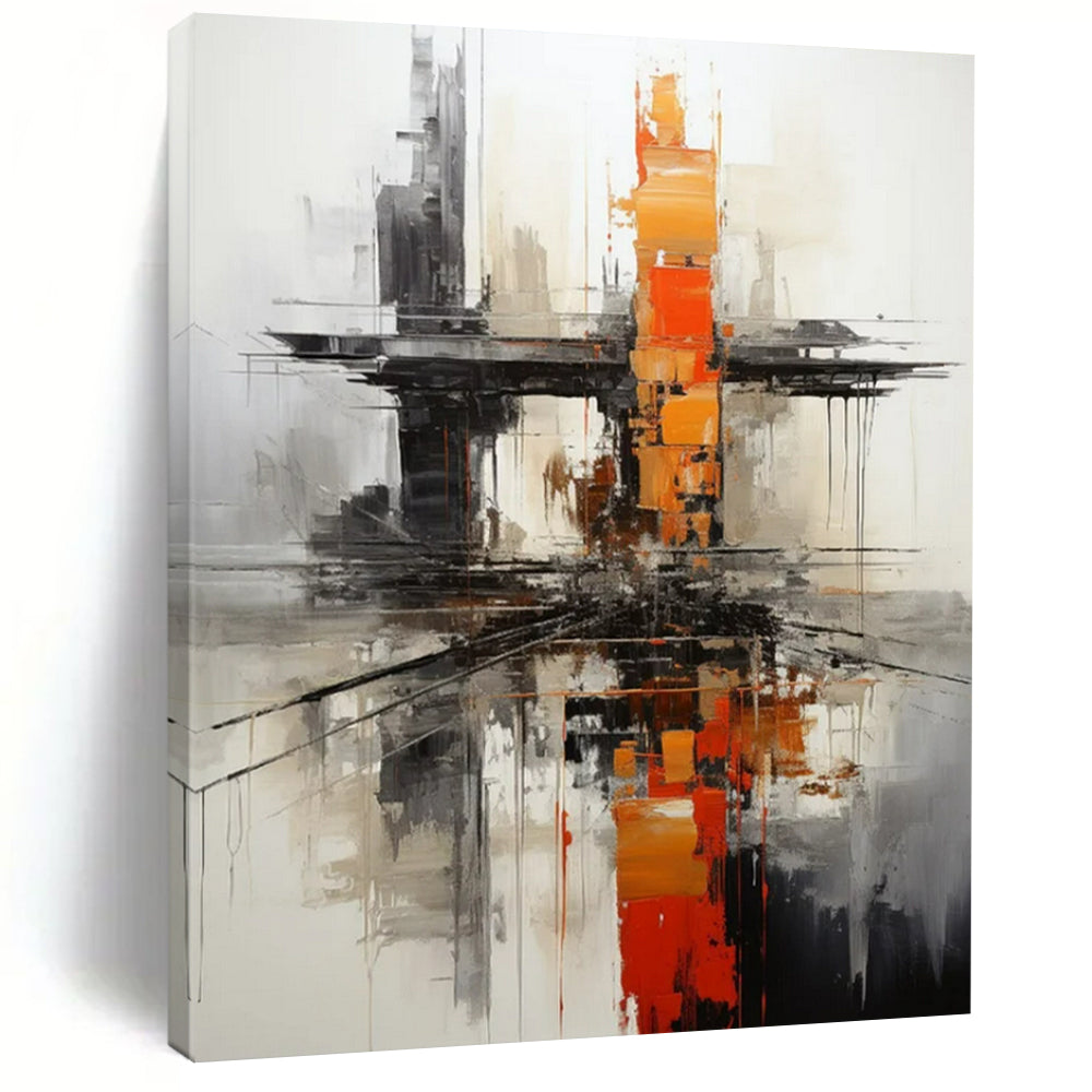 Industrial - Style Abstract Painting, Gray & Orange Cityscape for Loft - Style Living & Modern Workplace LargeART2265