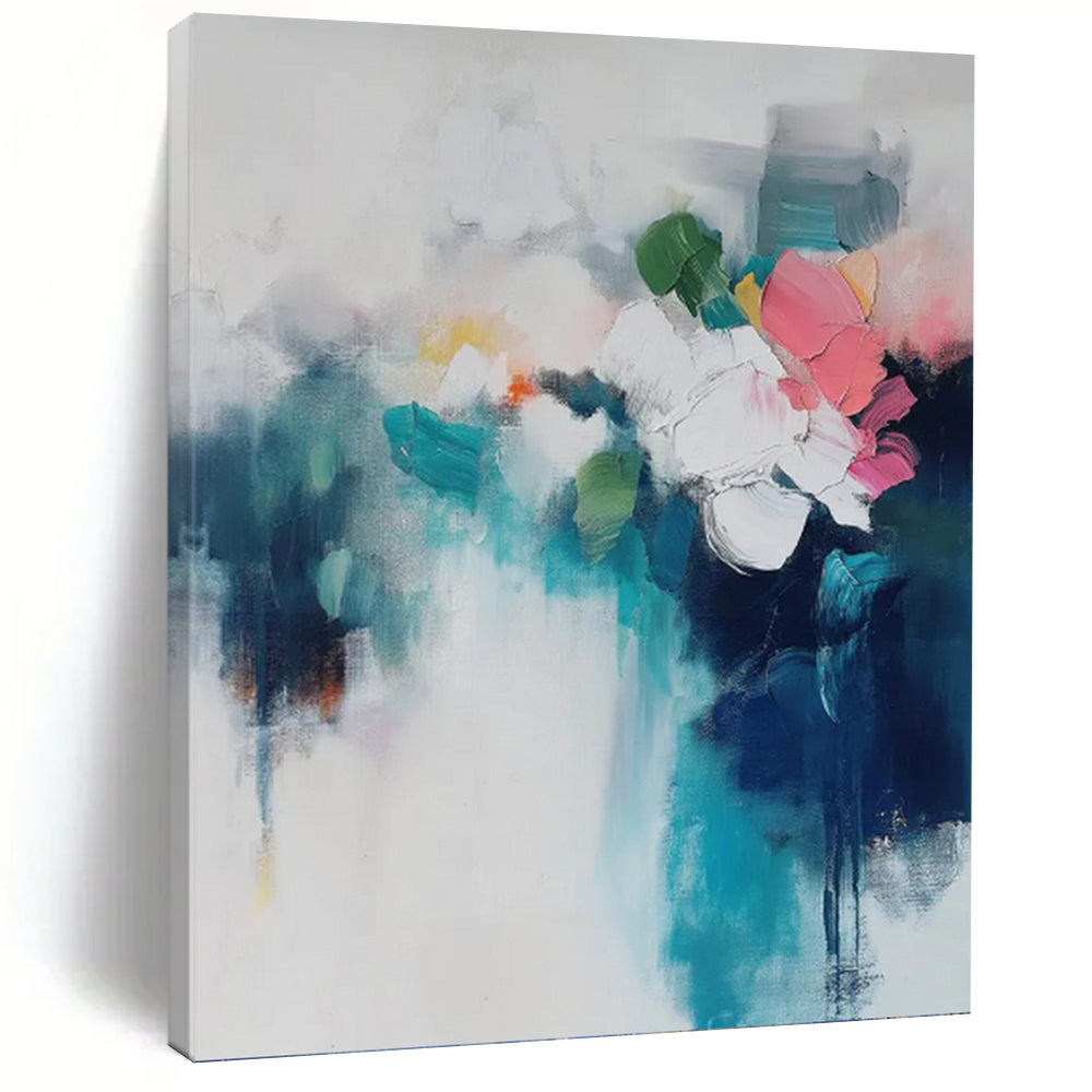 “Blended Blooms in Teal & Pink” Abstract Floral Painting on Canvas, Elegant Living Decor DKH996