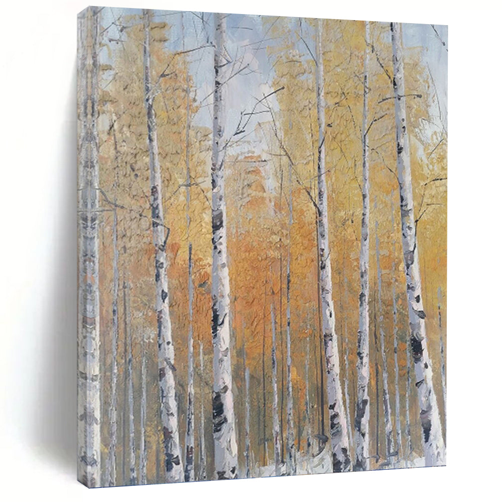 “Autumn Birch Forest Landscape” - Yellow, Orange, White Landscape Art on Canvas DKH1299