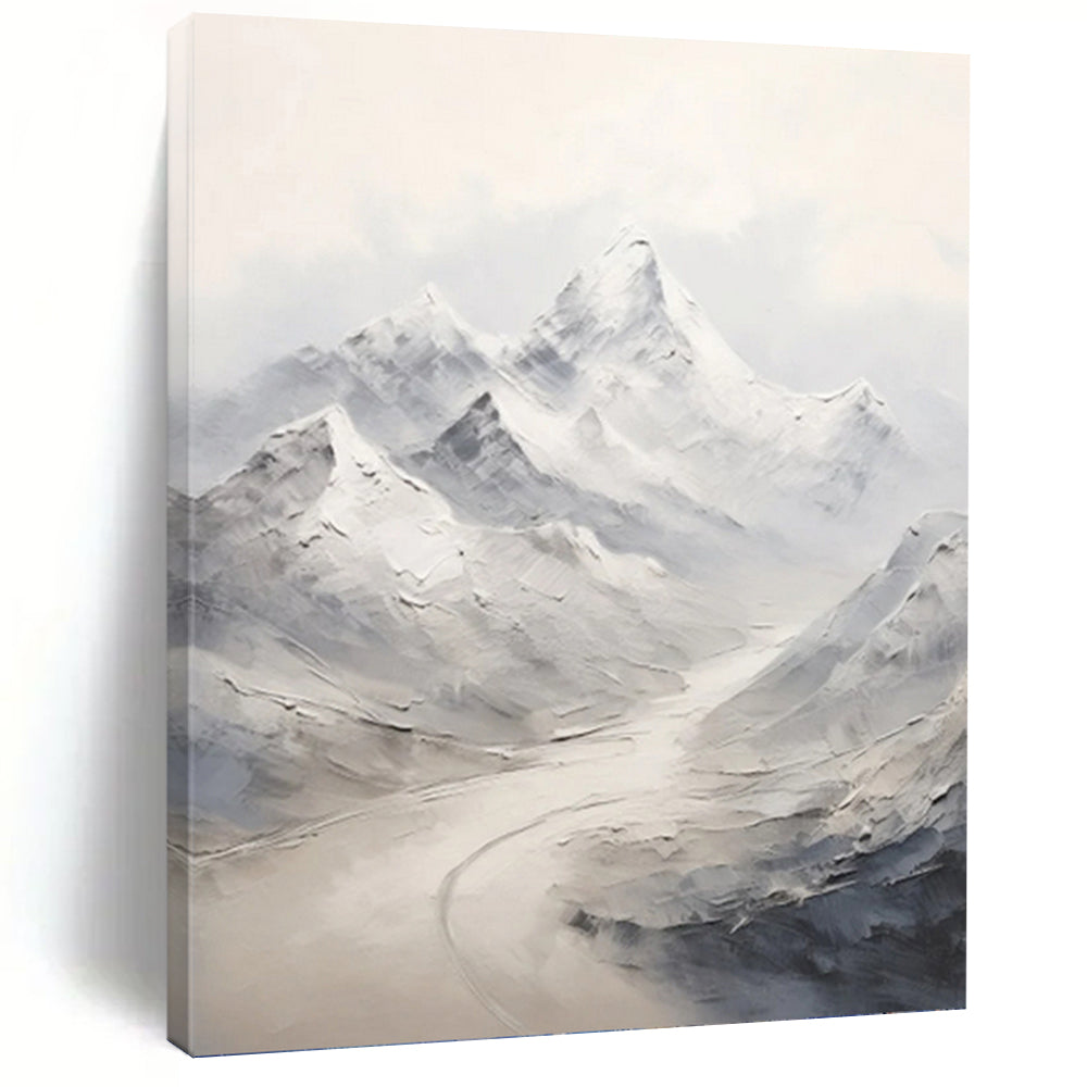 “Misty Mountain Valley in Grey and White” - Grey, White Abstract Art on Canvas DKH1264
