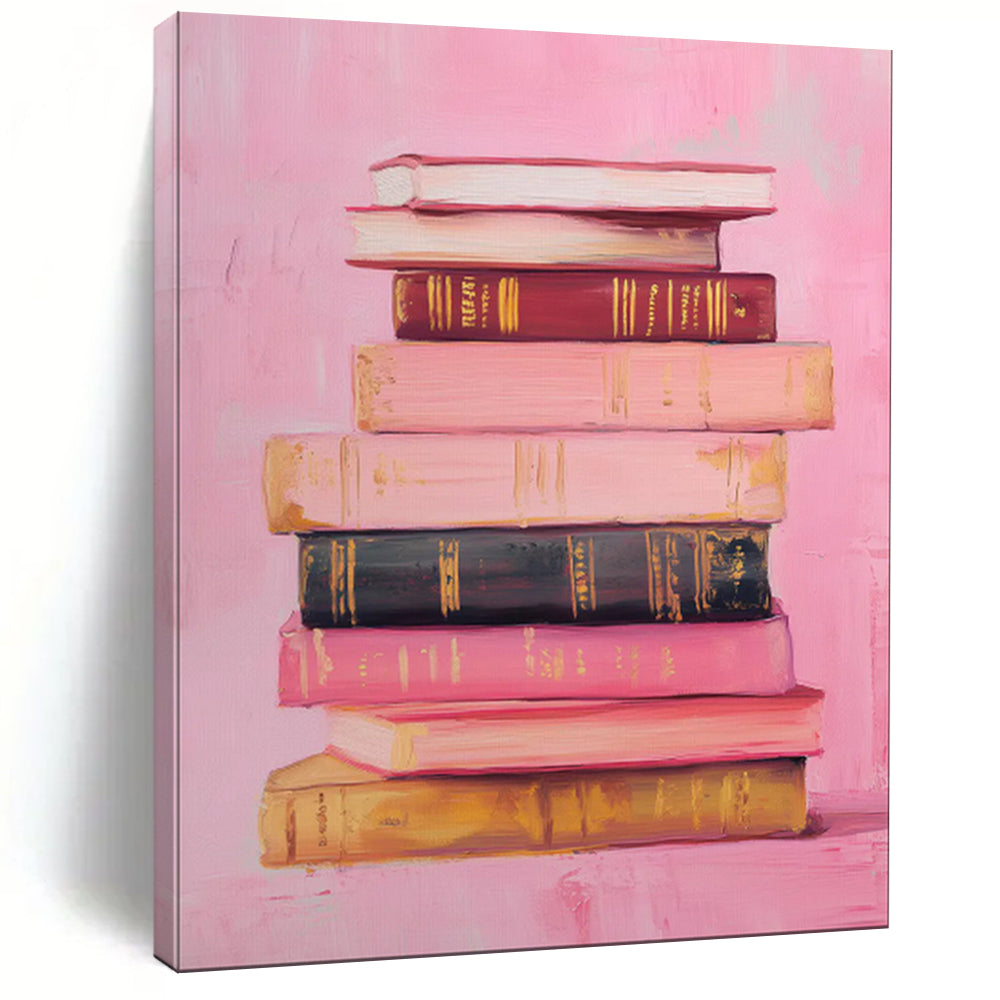 Stack of Books on Pink Abstract Art, Perfect for Cozy Library & Intellectual Study LargeART2017