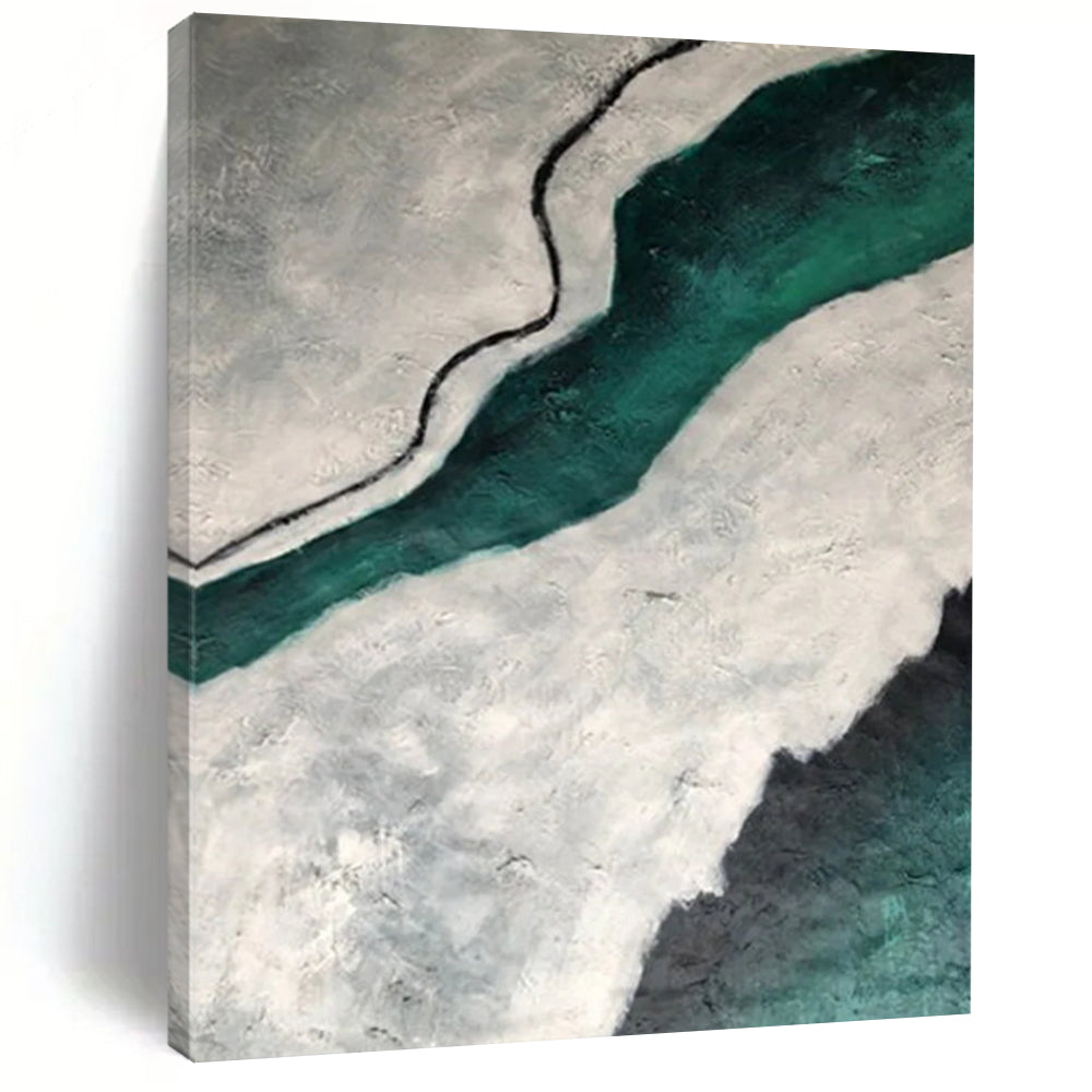 “Aerial River View” – Swirling green river, gray - white land, textured paint DTP403