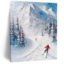 Load image into Gallery viewer, “Textured Mountain Skiers” ，Thick white impasto for mountains, with detailed skiers and snow - covered trees in blue and white. DTP313
