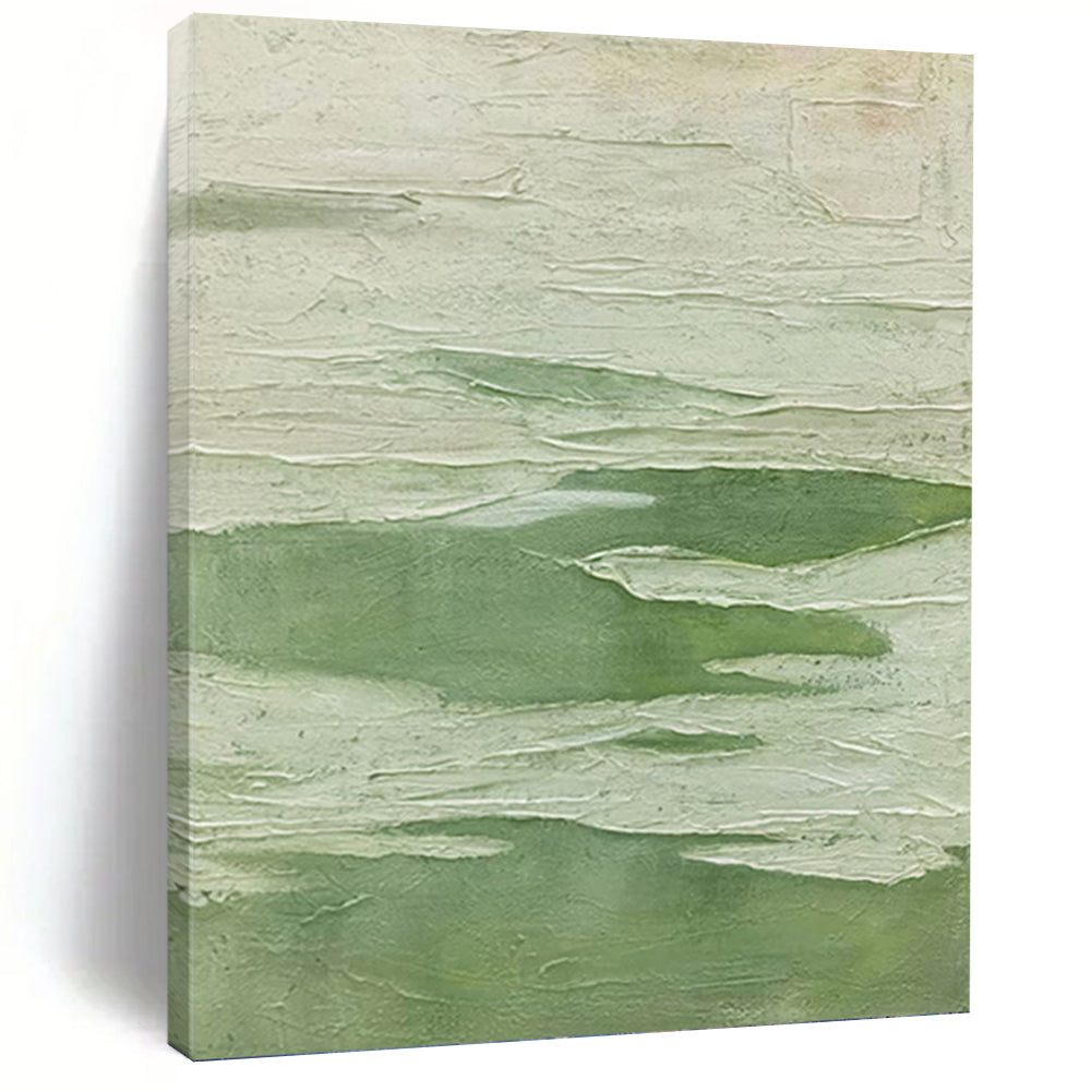 “Textured Green Meadows” - Green, White Abstract Art on Canvas DKH1227