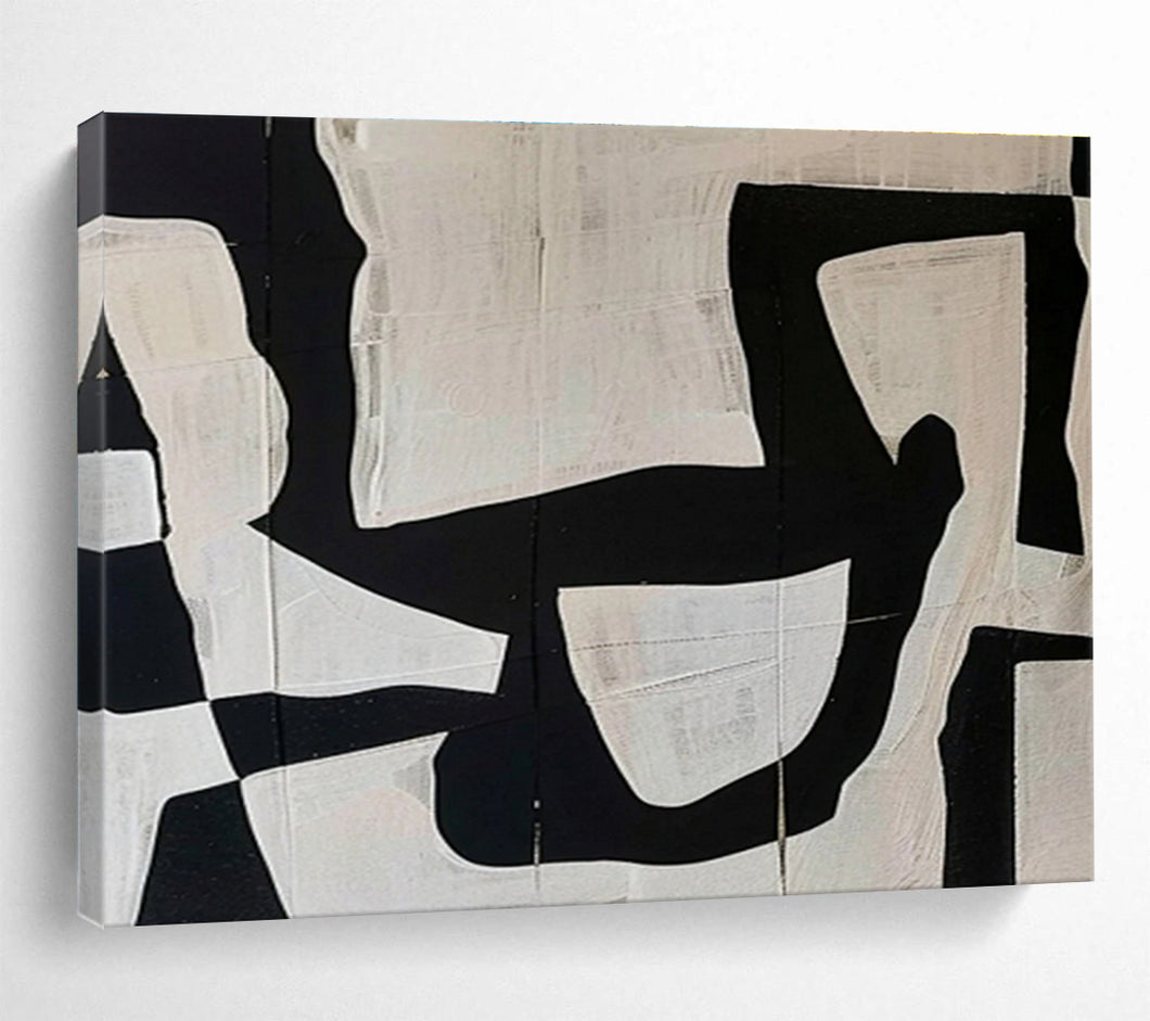 Monochrome Abstract Painting on Canvas - “Black and White Shapes” DKH745