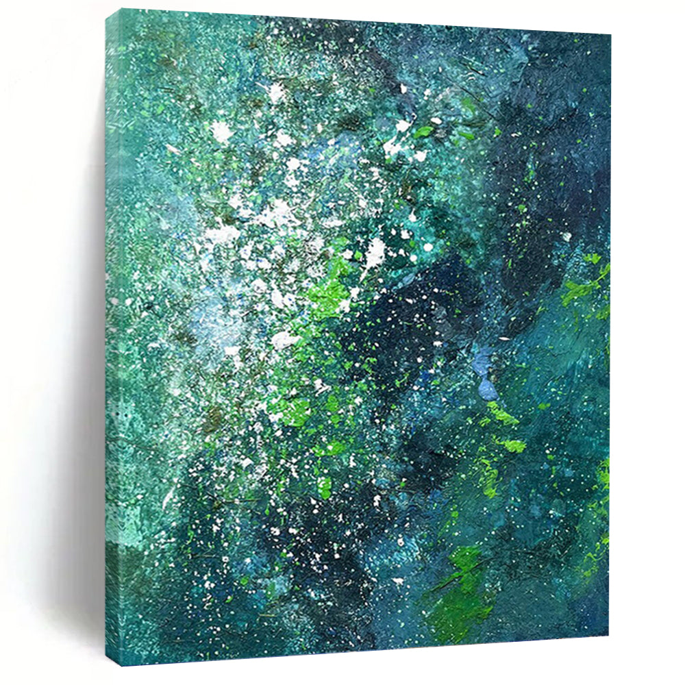 “Teal - Green Splatter Abstract” Abstract Painting on Canvas, Nature - Inspired Bathroom Decor DKH1029