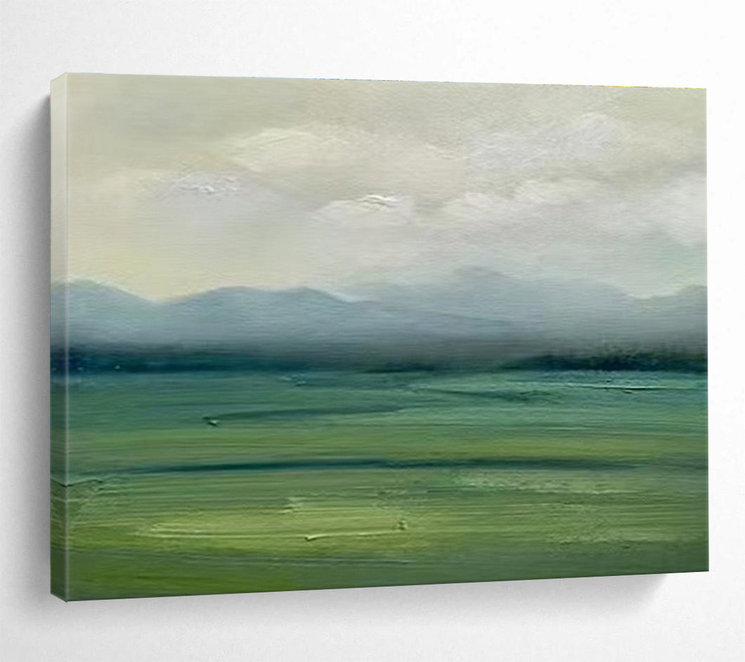 Misty Green Field & Mountain Abstract Painting for Nature - Inspired Living Room & Tranquil Office DKH101