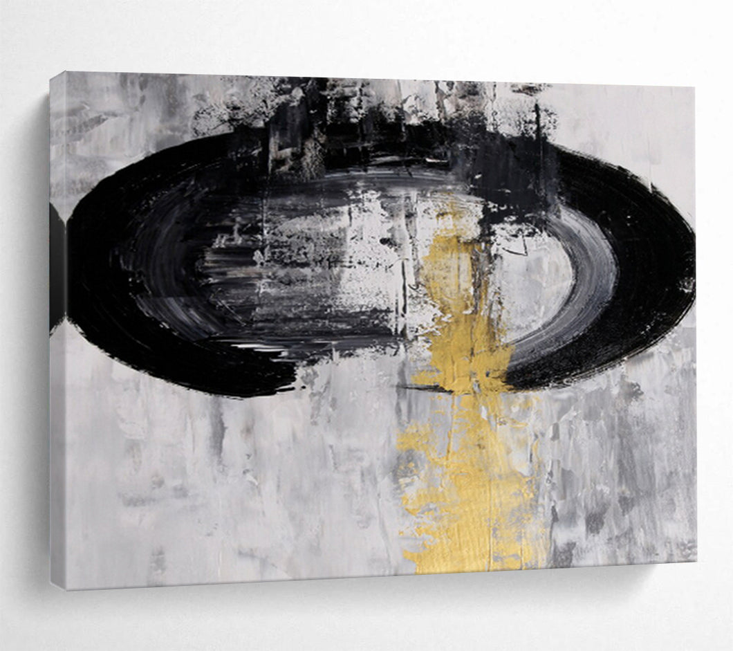 Black, White & Gold Abstract Painting - Great for Minimalist Office & Sophisticated Hallway DKH016