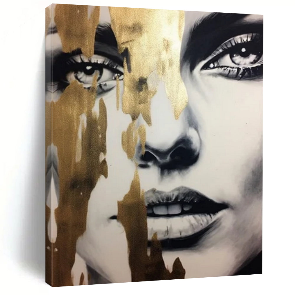 Black - and - White Abstract Portrait, Gold - Drip Accent Art for Luxury Bedroom & Sophisticated Lounge LargeART2192