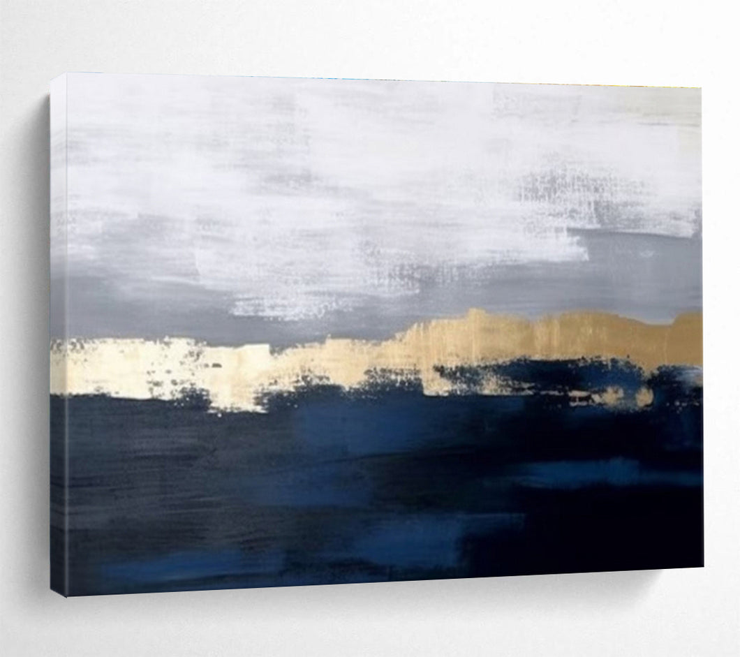 Blue and Gold Abstract Painting on Canvas - “Coastal Horizons” DKH784