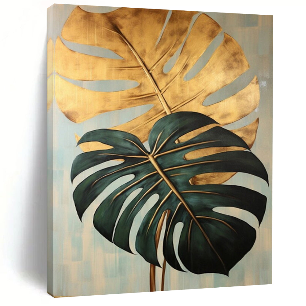 Tropical Abstract Leaf Art, Gold - Accented Green Painting for Coastal Bedroom & Jungle - Themed Lounge LargeART2195